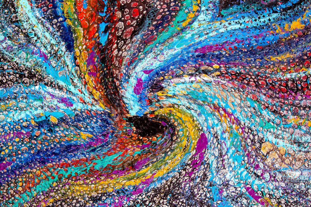 rainbow colors abstract vortex in blue.red.white,light blue,yellow color with shades and dots