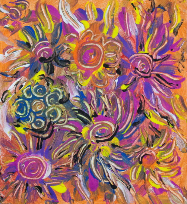 Flower composition abstract miniature art image with fluid brushstrokes, lines and round shapes on orange background in tones of orange, red, yellow, fuchsia, blue, purple, black and white colors.